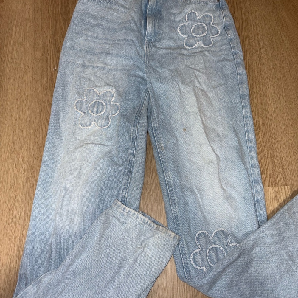PACSUN 90s BOYFRIEND STRAIGHT LEG Light Blue Floral Embroidered Women Jeans